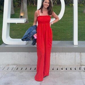 Red Gauze Smocked Wide Leg Jumpsuit with Pockets XS